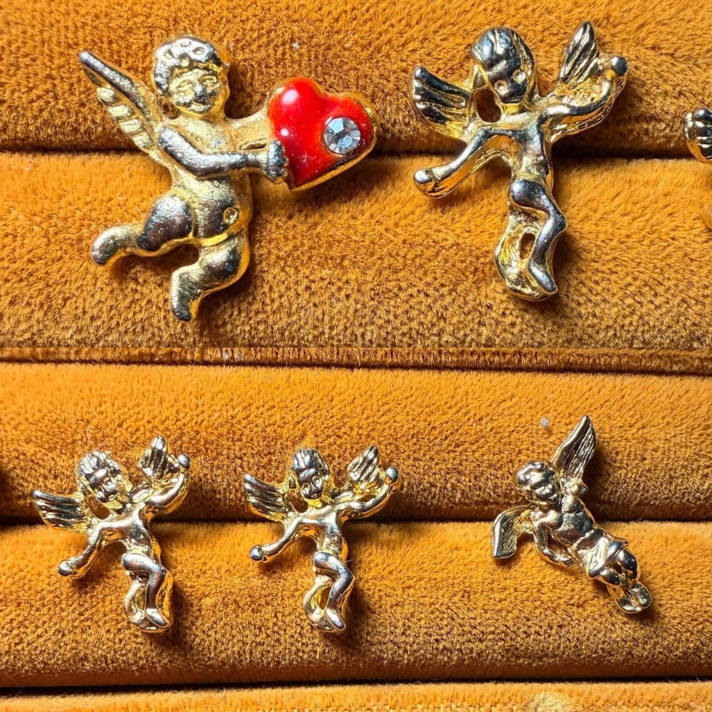 Vintage Gold Tone Cherub Angel‎ Pin Set Red Enamel Heart Rhinestone 5 Piece Lot
